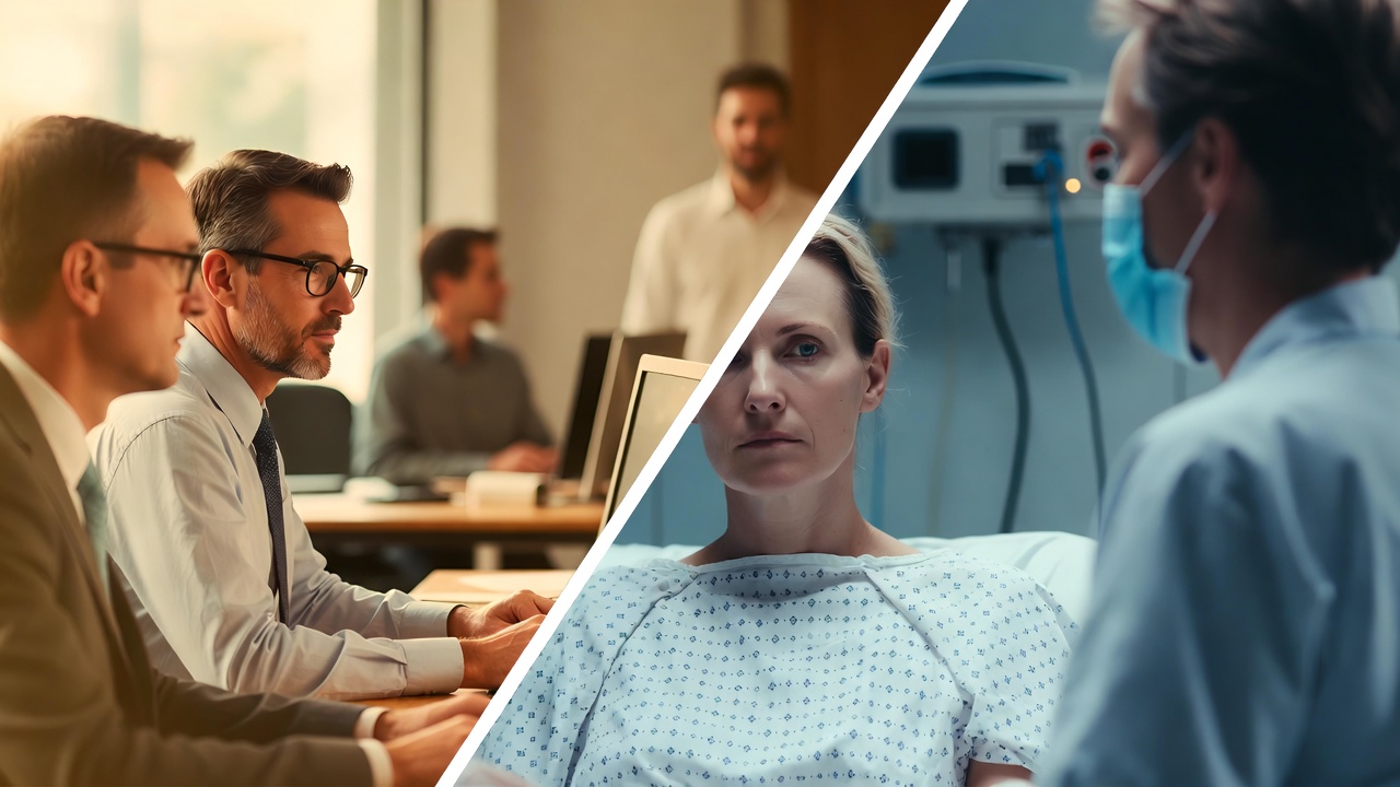 Comparación entre reunión de negocios y atención médica, representando el vínculo entre empleo y seguro de salud a través del ICHRA