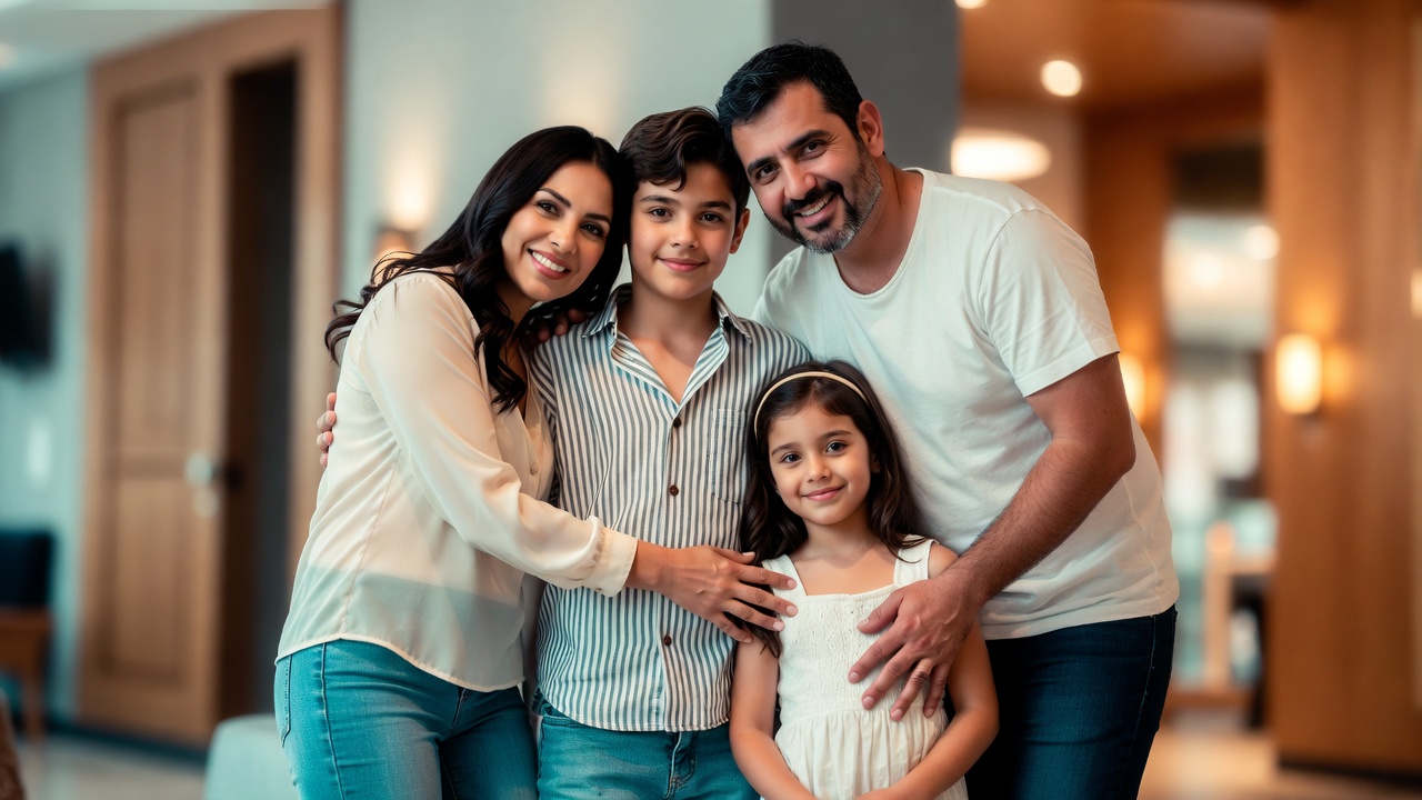 Familia hispana sonriendo, lista para inscribirse en su seguro médico durante el Open Enrollment