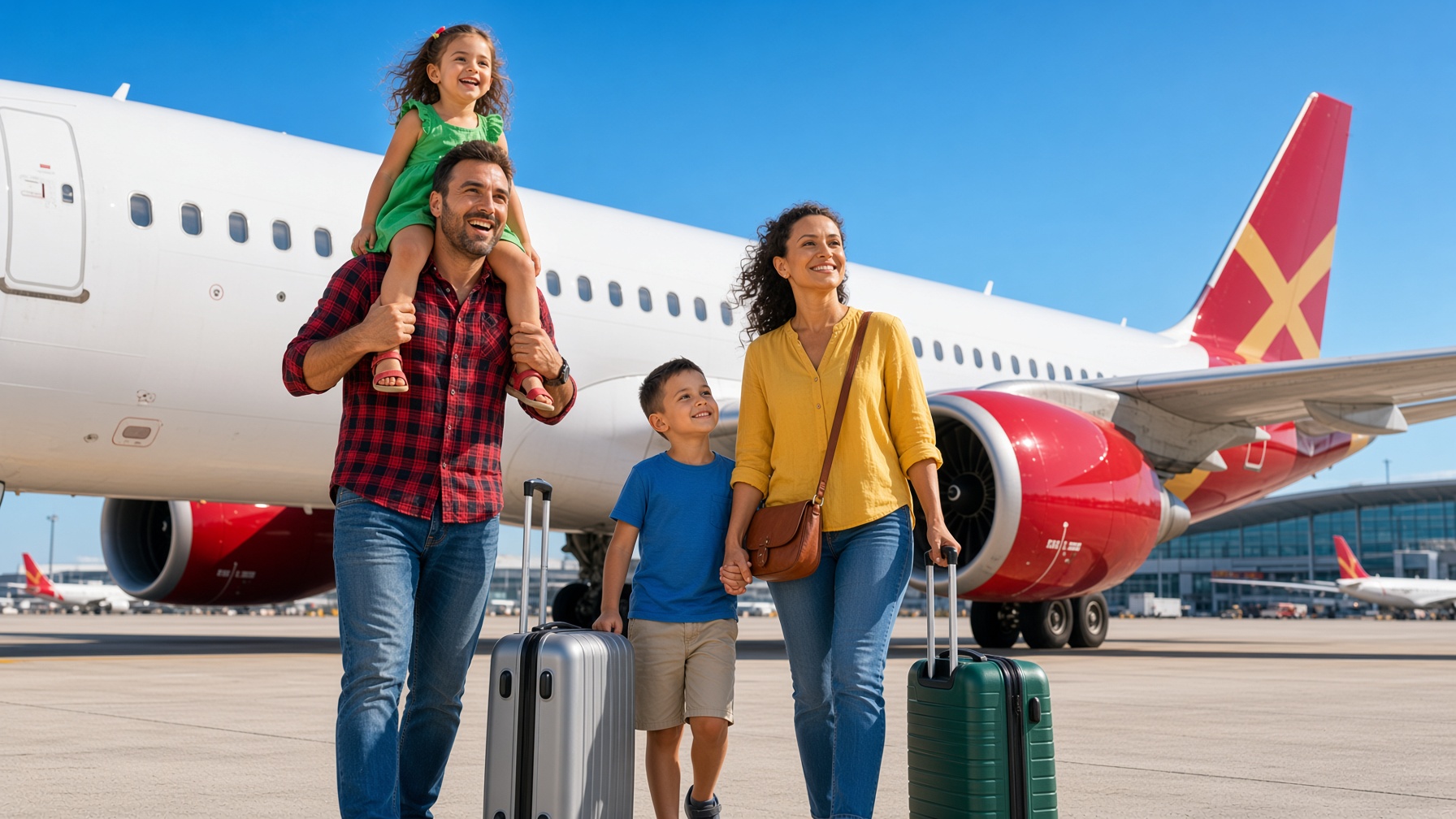 Familia viajera en el aeropuerto con maletas